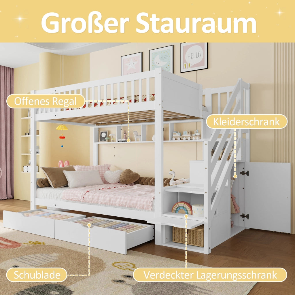Letto a castello in legno bianco 90×200 cm con scala contenitore, armadio con barra appendiabiti, cassetti e ripiani