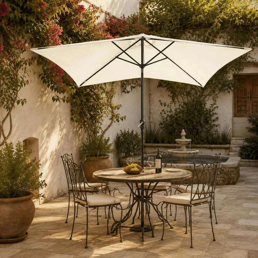 Parasol With LEDs And Steel Mast, Sand White, 2x3 M