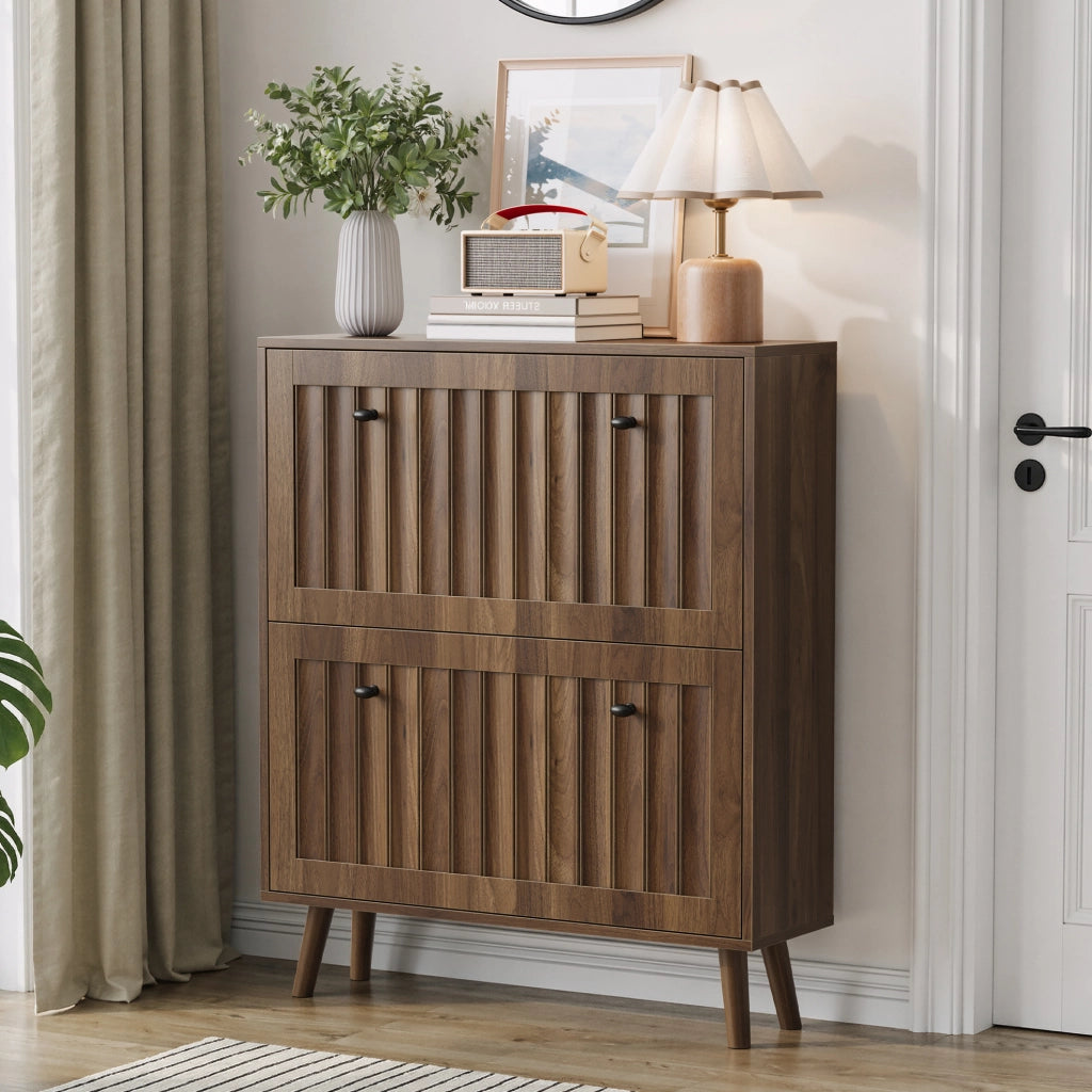 Scarpiera a 2 vani a ribalta 80x24x95 cm in MDF e truciolare color noce