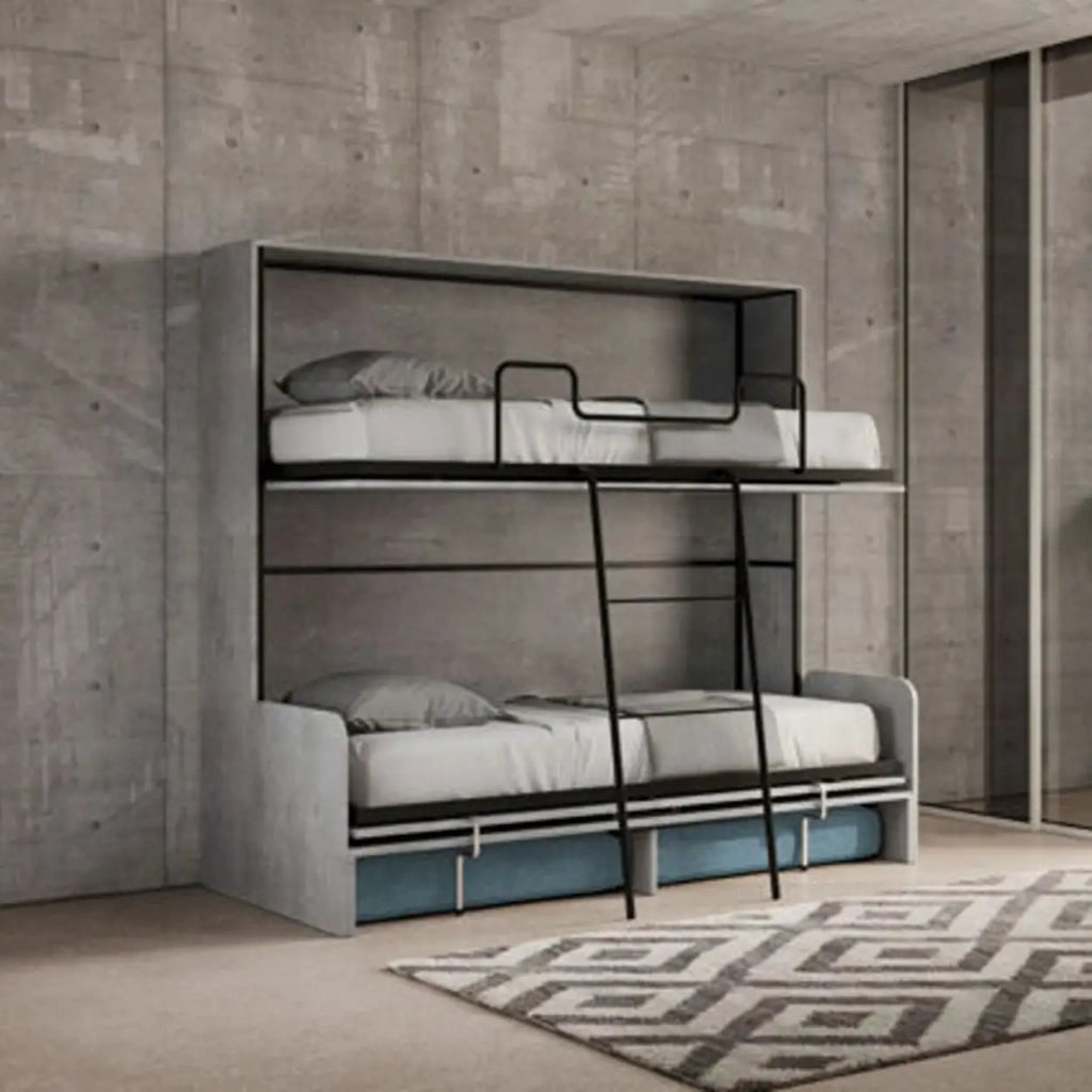 Letto doppio a scomparsa Kando con divano cemento, azzurro