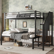 Letto a castello 90x200 / 120x200 cm in metallo e MDF; nero; con scaletta ad angolo con contenitore