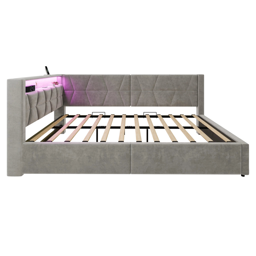Letto imbottito con contenitore 140 x 200 cm in velluto grigio scuro; LED; USB e Type-C