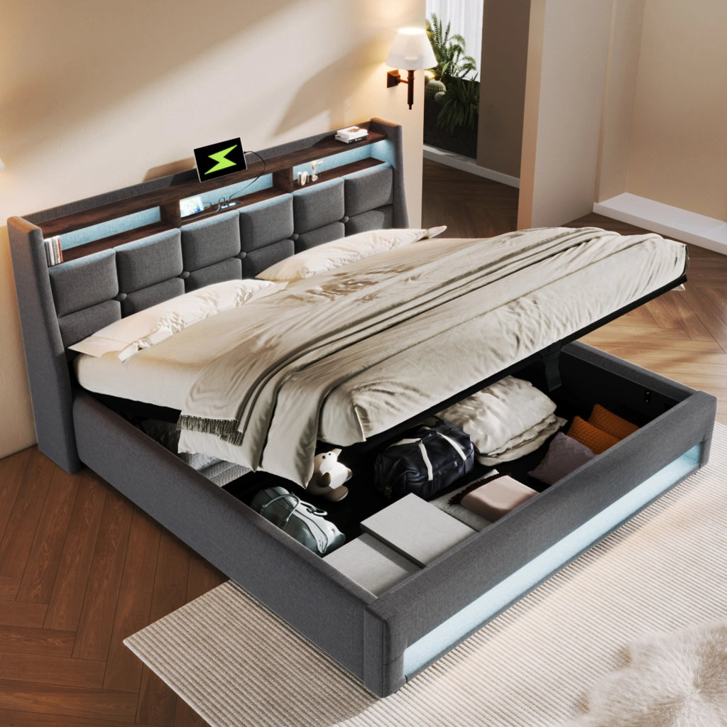 Letto matrimoniale imbottito 180x200 cm con LED; USB; rete a doghe su telaio in metallo; rivestimento in lino grigio