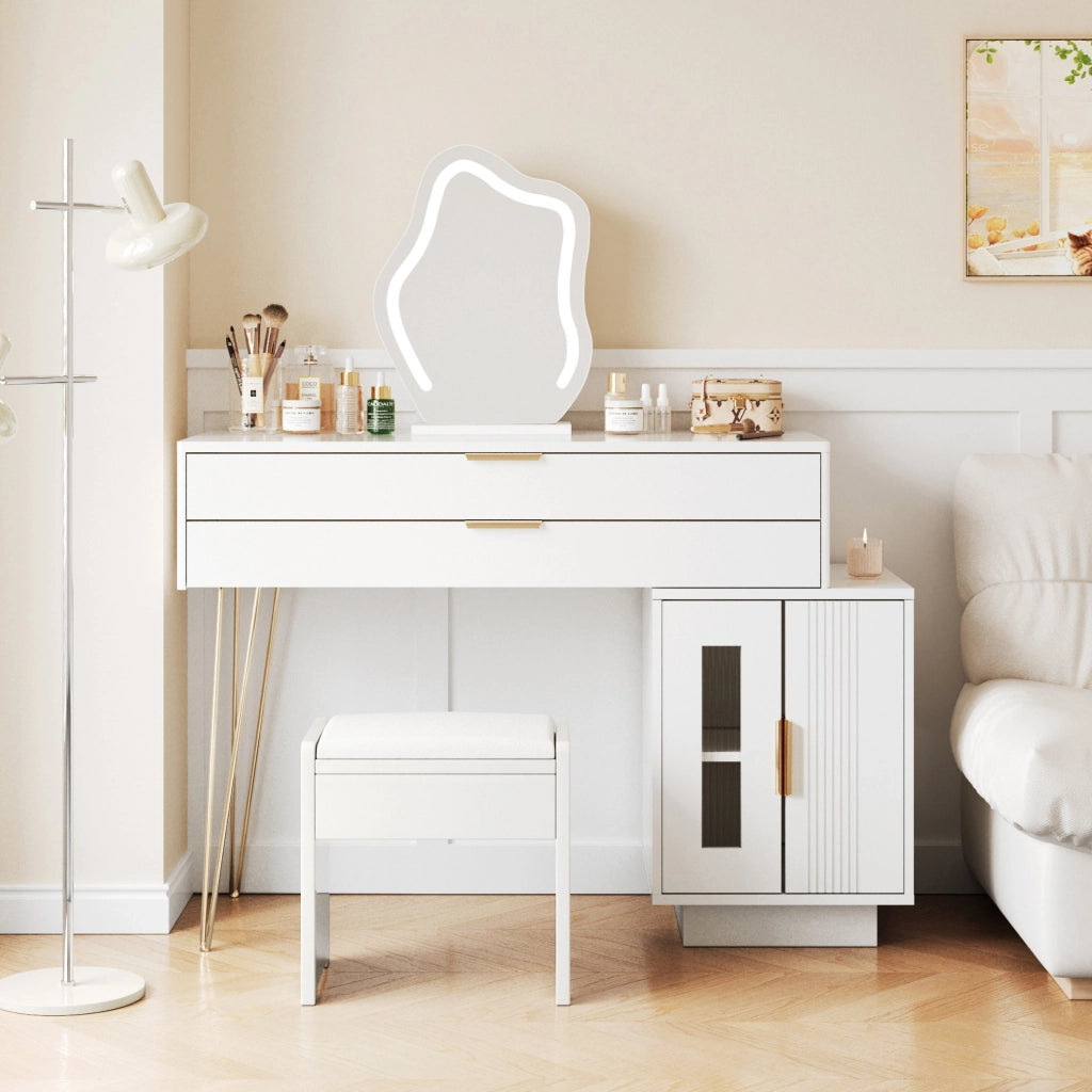 Toeletta con specchio LED 100x40 cm; 2 cassetti e modulo laterale scorrevole bianca HOMVRA