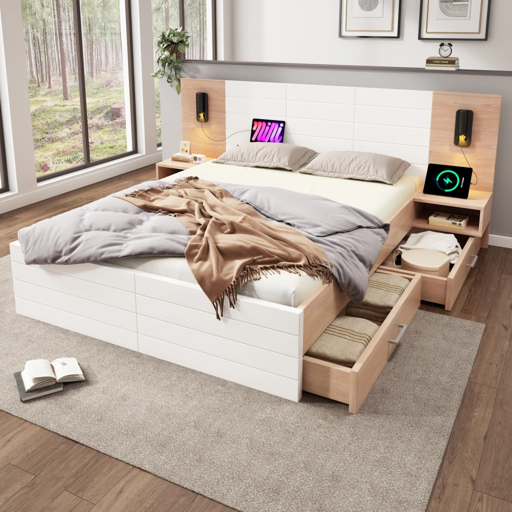 Letto matrimoniale 140x200 cm bianco e rovere chiaro con due cassetti