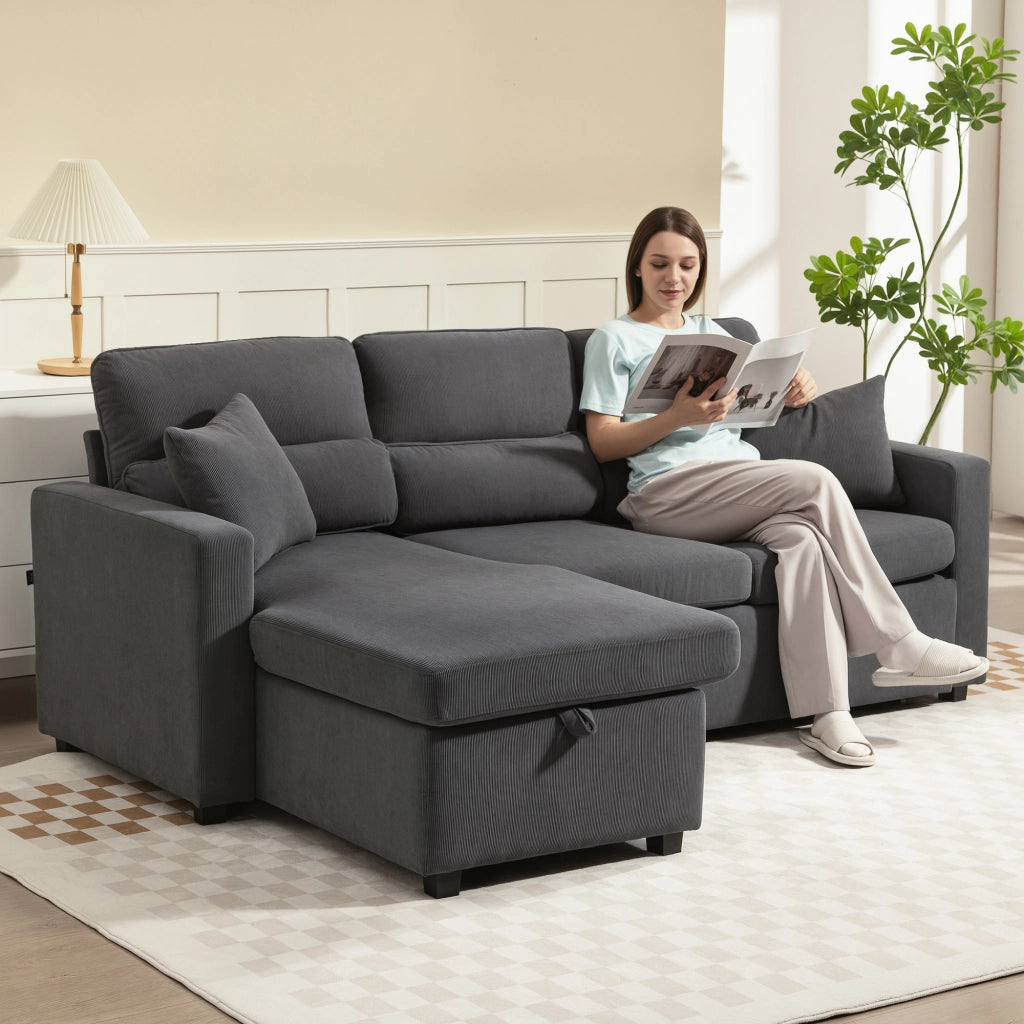 Divano letto angolare in velluto con contenitore e cuscini ¨C Minimal ¨C Grigio 205x135x76 cm
