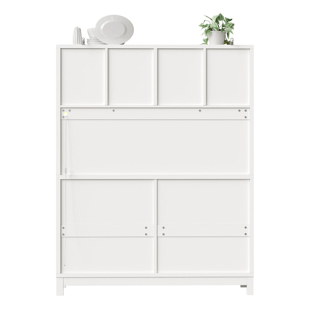 Credenza alta 140x38,5x180 cm in MDF bianco, LED RGB e 4 cassetti