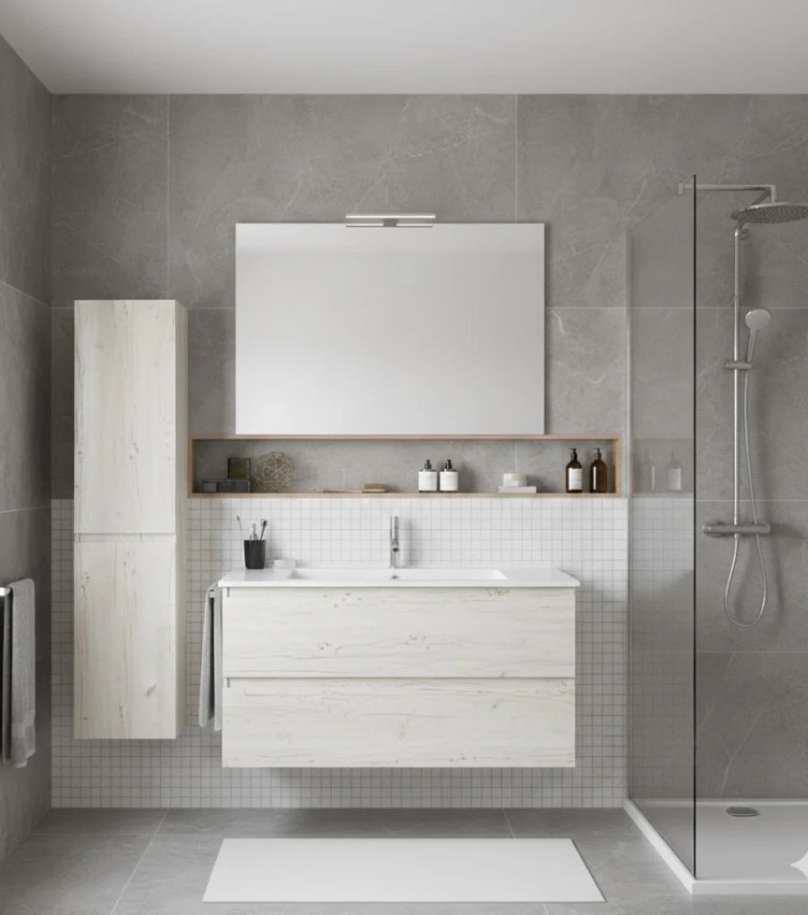 Mobile Bagno LOKI Già Montato 2 cassetti con piedini, lavabo e specchio Bianco nordico 70x45 cm con colonna