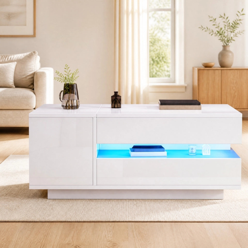Tavolino da salotto elevabile con LED; cassetto e vani contenitore; 95 x 50 x 34;5 cm; bianco lucido