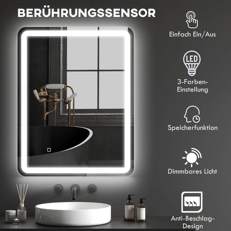 Specchio da bagno LED con touch antiappannamento dimmerabile in vetro argento 3 tonalità di luce 70 × 4 × 90 cm