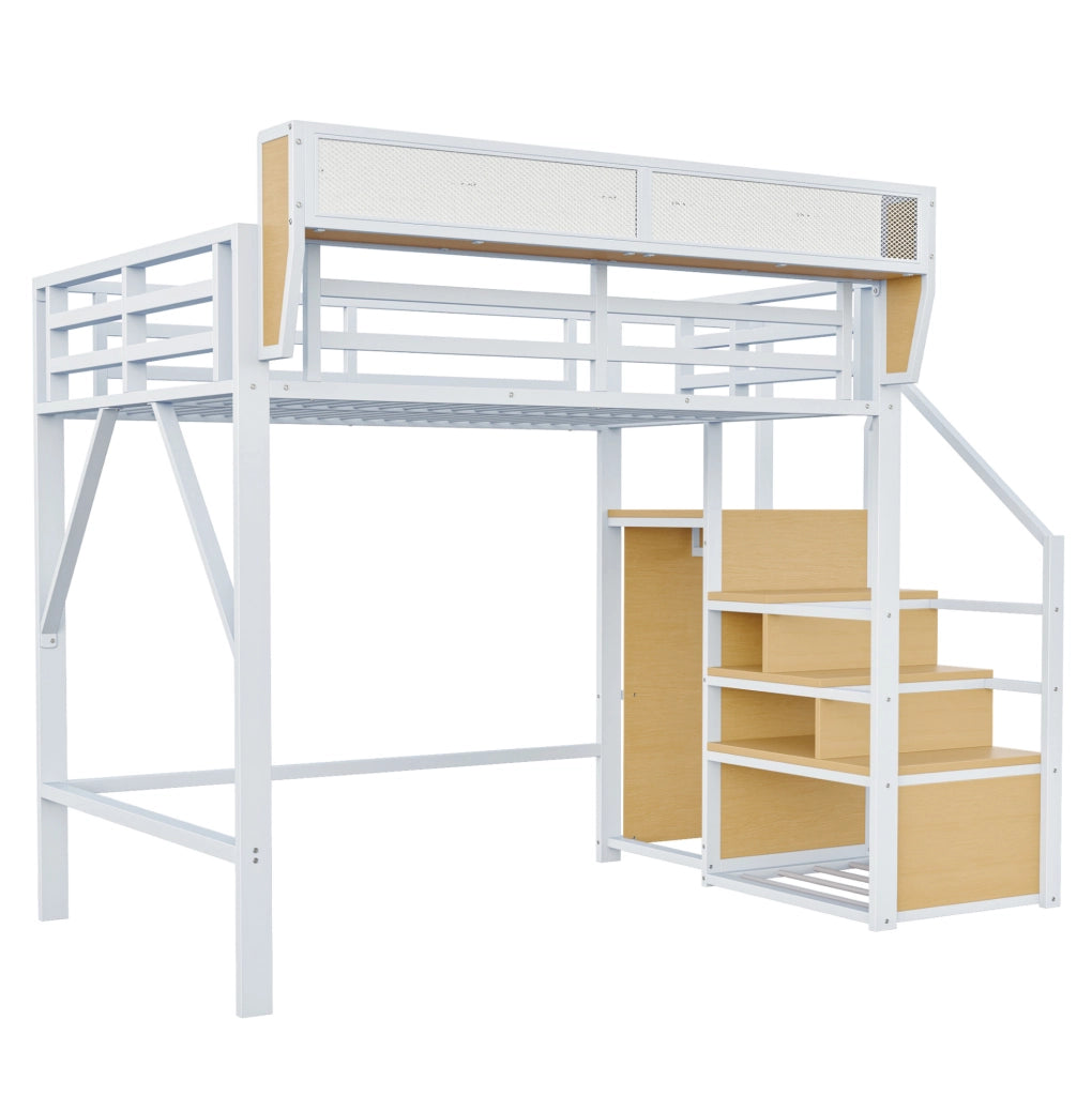 Letto a soppalco 140x200 cm in metallo con scaletta di sicurezza e ripiano modulabile, bianco