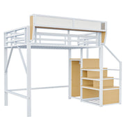 Letto a soppalco 140x200 cm in metallo con scaletta di sicurezza e ripiano modulabile, bianco