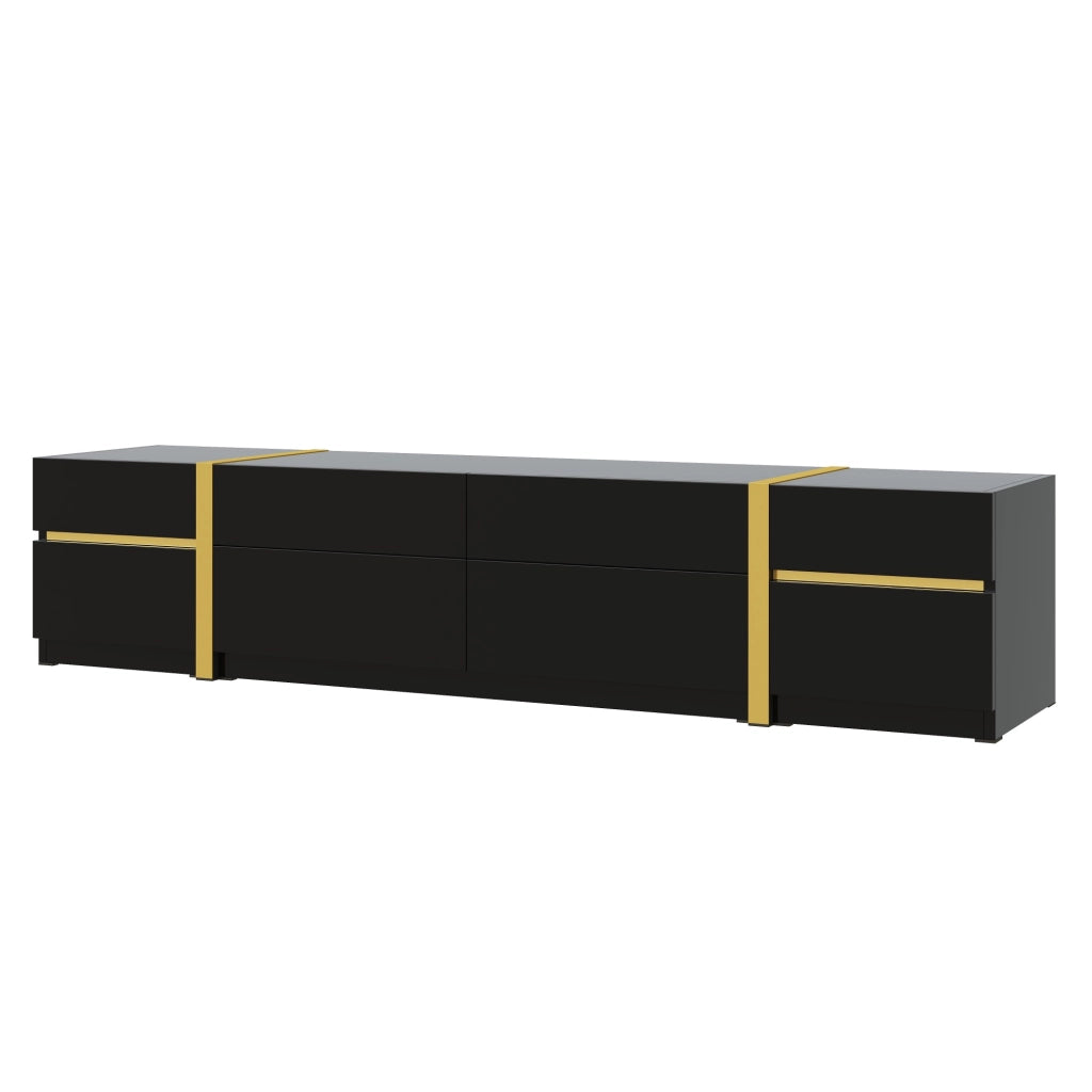 Mobile TV nero con finitura lucida; 4 cassetti e 2 ante; 180 x 40 x 38 cm; MDF e truciolare