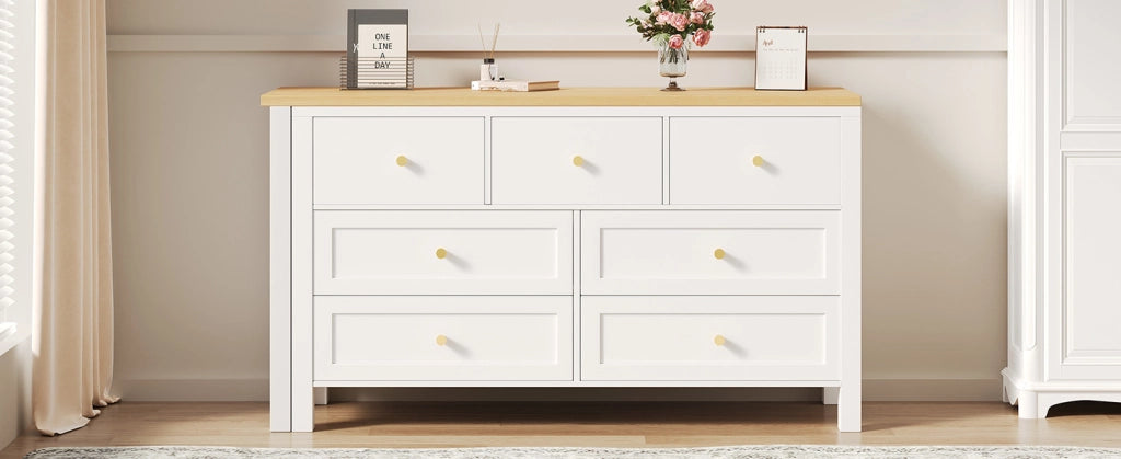 Scrivania 2-in-1 con 7 cassetti e piano girevole a 360°, finitura in effetto rovere, bianco/naturale, scrivania angolare a L
