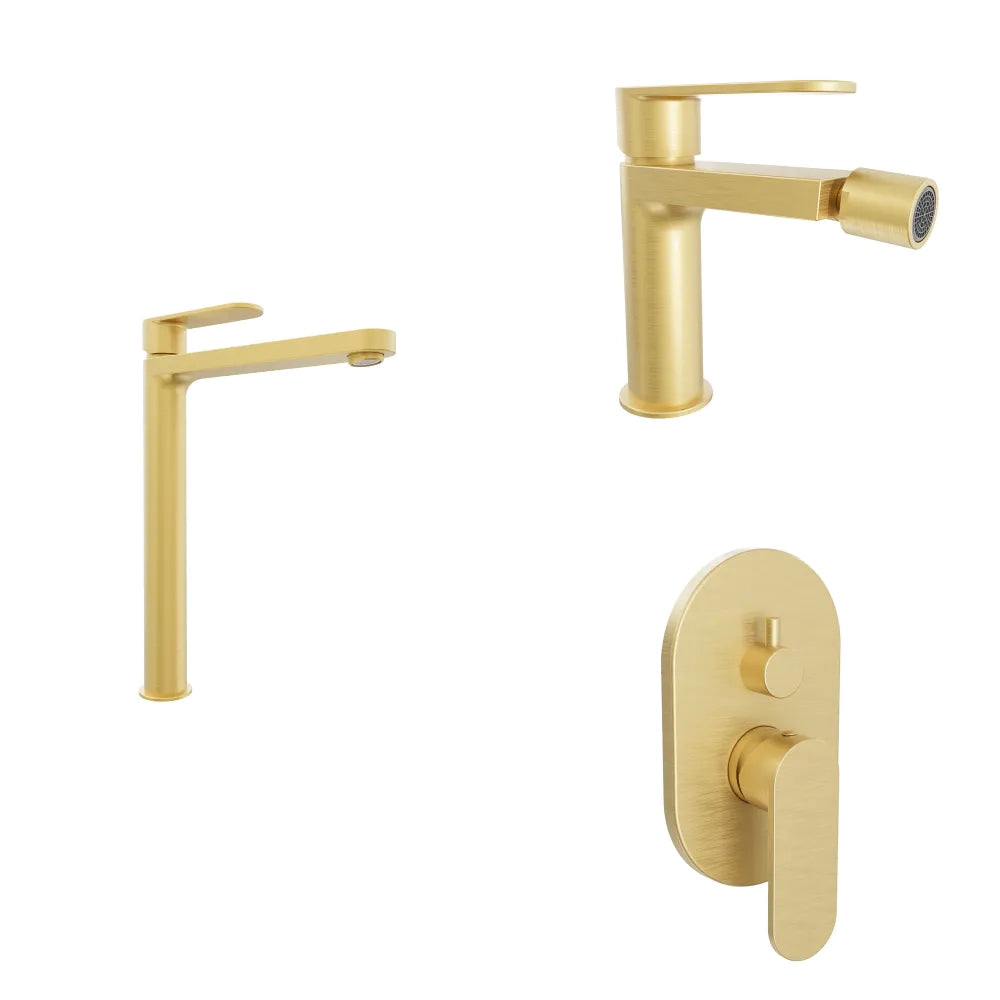 Set miscelatori lavabo alto bidet miscelatore doccia con deviatore oro spazzolato | Margot