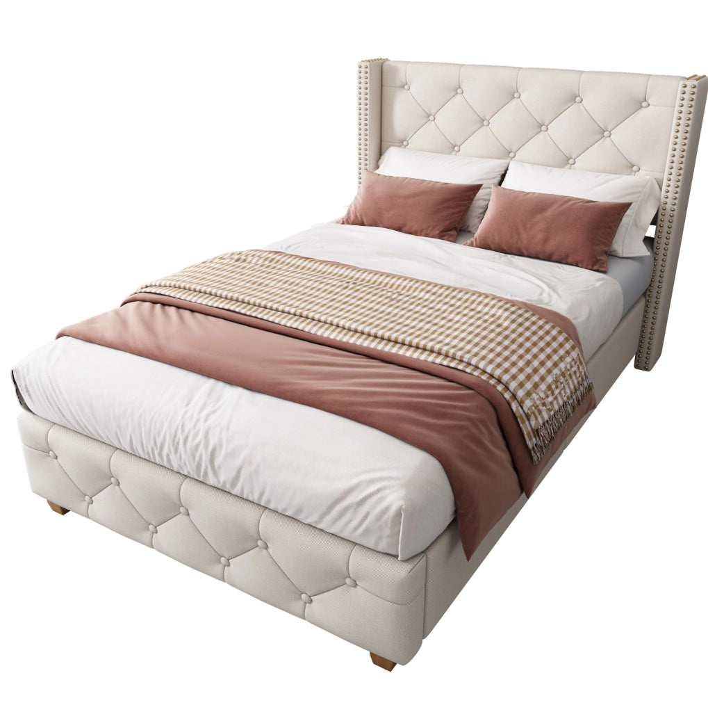 Letto imbottito 90x200 cm in lino beige con testiera trapuntata a bottoni e 12 doghe
