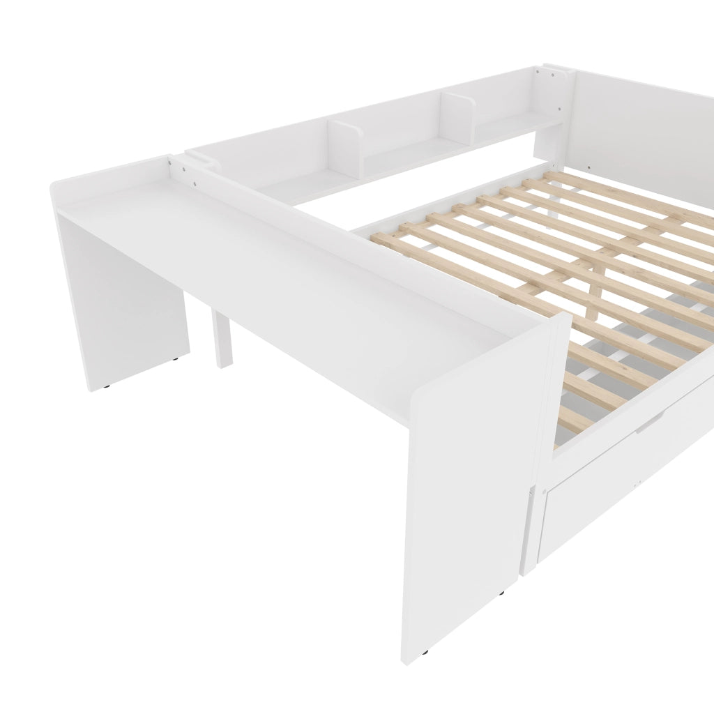 Letto con cassetti 140 × 200 cm con scrivania; 2 cassetti e 3 ripiani in legno di pino bianco senza materasso