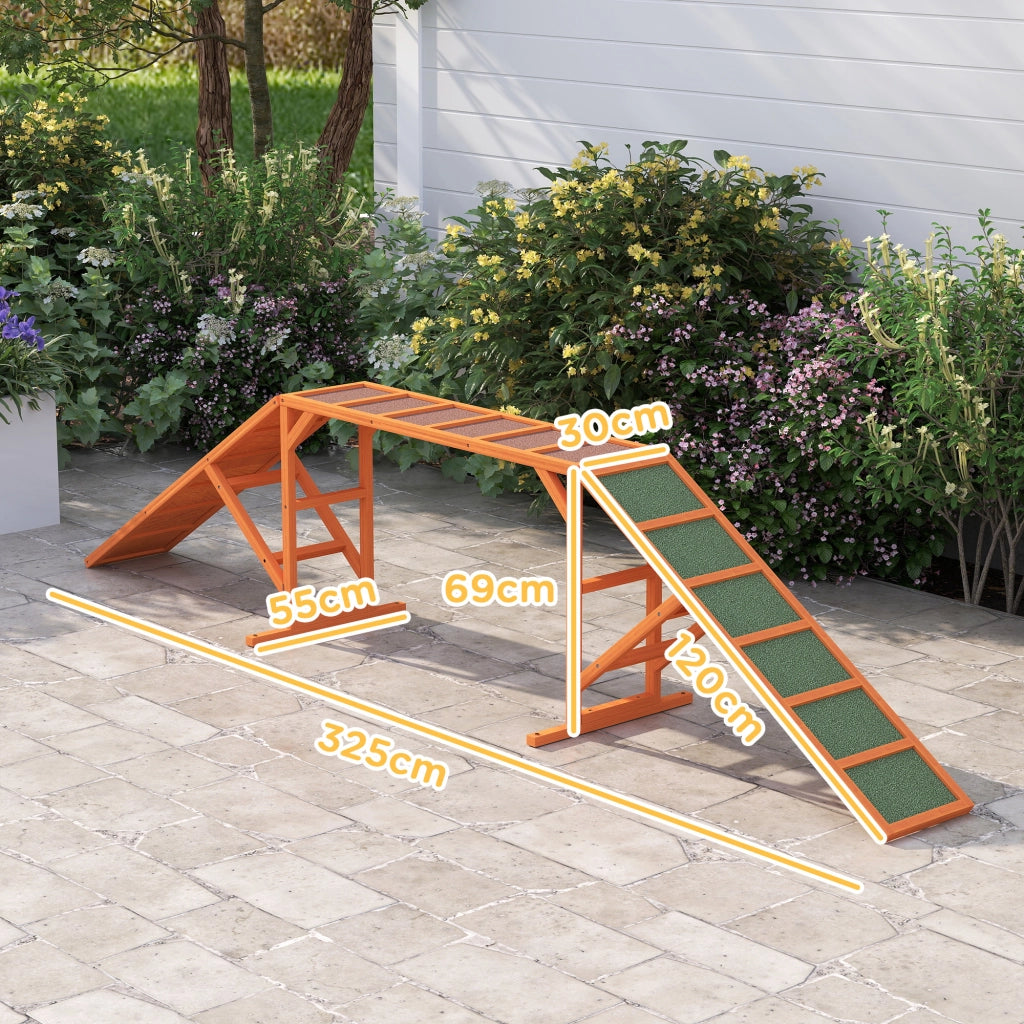 Passerella per agility cani con barra di sicurezza e superficie antiscivolo in legno arancione 325 × 55 × 69 cm