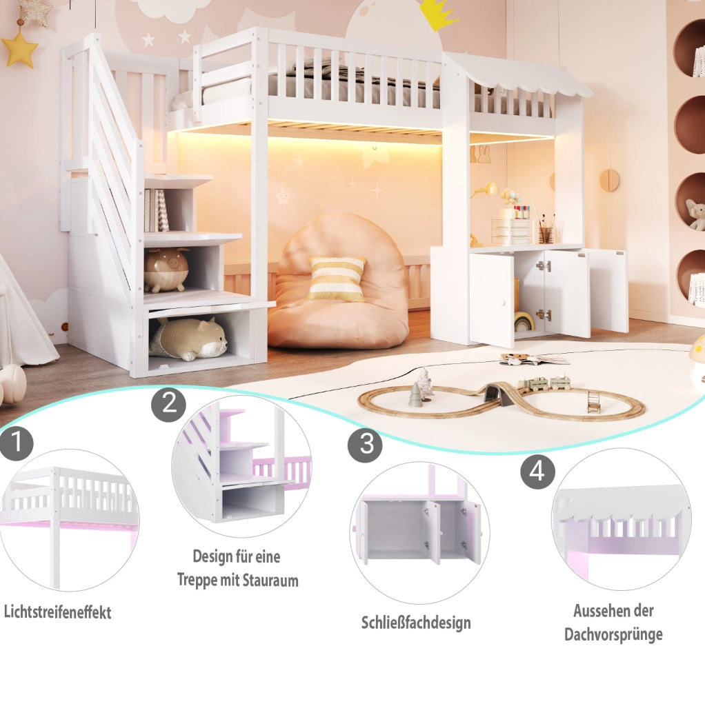 Letto a soppalco 90x200 cm con scala contenitore e LED