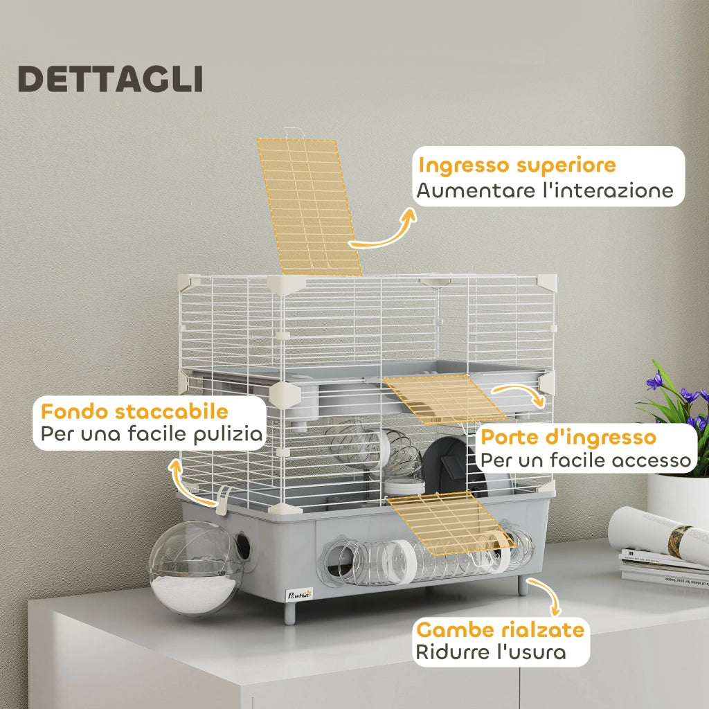 Gabbia per Criceti a 2 Livelli con Ruota ¨C Minimal ¨C Grigio e Bianco 44.5x28x44 cm