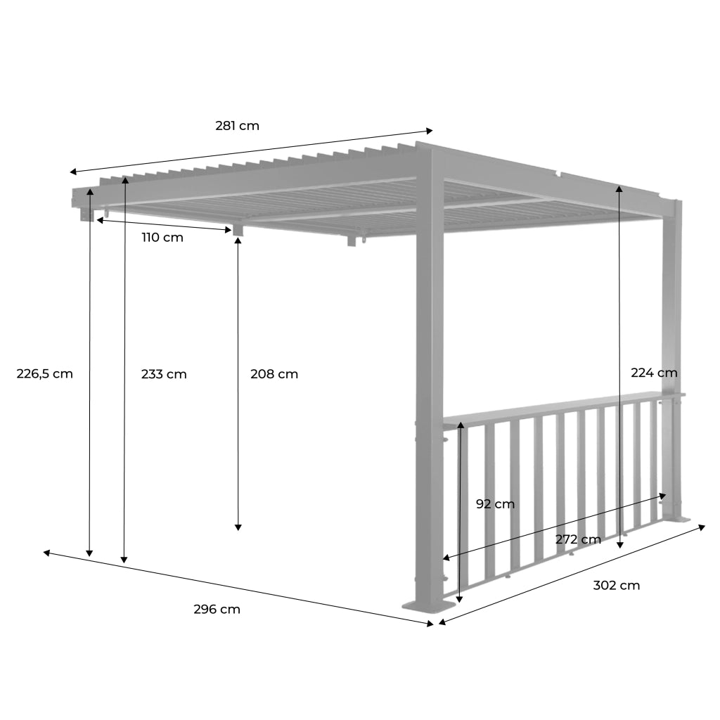 Pergola bioclimatica in alluminio addossata 3x3m + 1 bar 3m ,