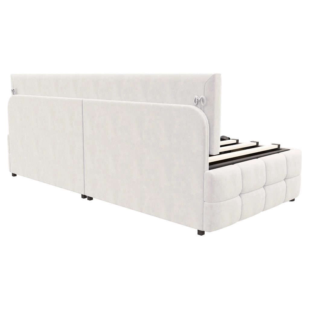 Letto imbottito singolo 90×200 cm con contenitore idraulico; rete a doghe e senza materasso; beige