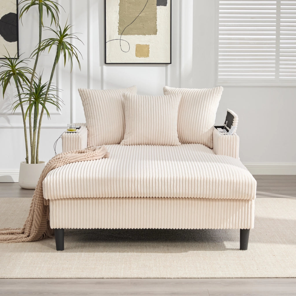 Chaiselongue multifunzione in velluto a coste con ampia zona letto, portabicchieri laterali e illuminazione LED