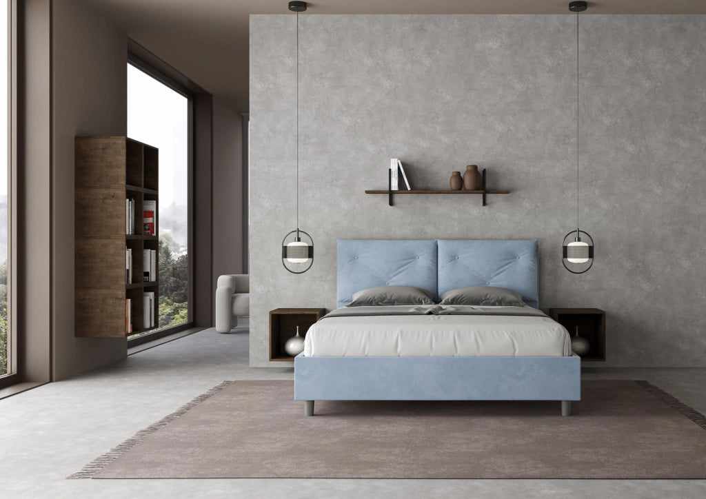 BS COM Letto queen size con rete imbottito 150x200 microfibra azzurro Large
