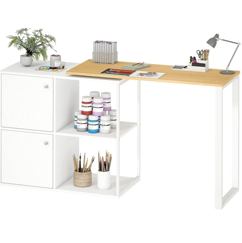 Scrivania angolare girevole a 360°, con 2 armadietti e 2 ripiani aperti, per spazi ridotti, 150x40x75 cm, bianco e impiallacciatura legno chiaro