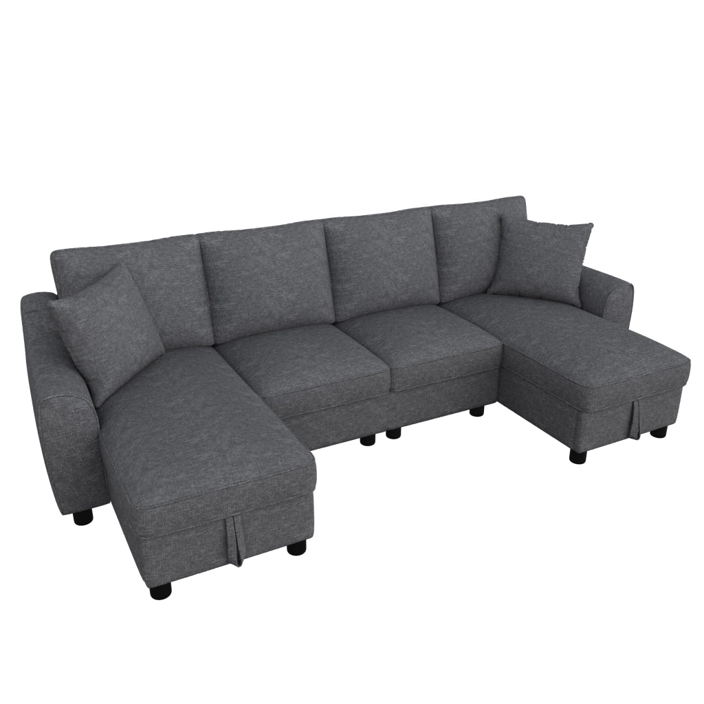 Divano modulare a U con chaise longue contenitore e cuscini in chenille grigio