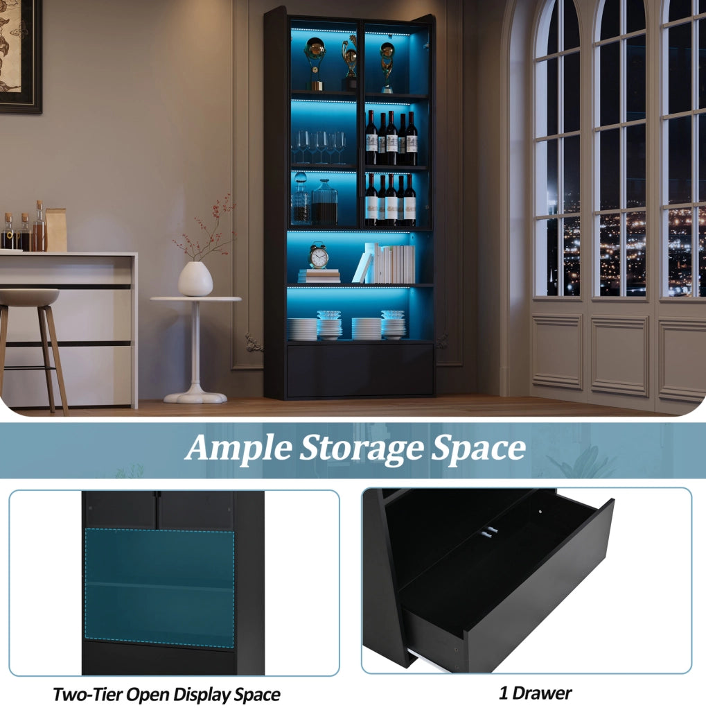 Vetrina Alta 80x34x180 cm con Vetro, 1 Cassetto e Illuminazione LED Controllabile via App, Nero