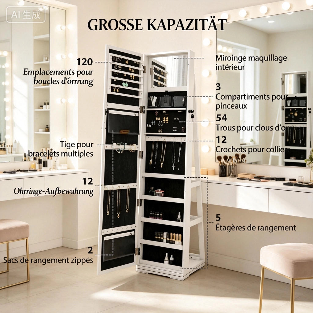 Armadio portagioie con specchio girevole a 360° in MDF e vetro bianco chiudibile con 2 chiavi 38 × 38 × 160 cm