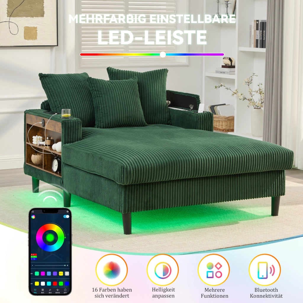 Chaiselongue in velluto di cotone con ampio spazio sdraiato, porta bicchieri laterali, illuminazione LED e porta USB
