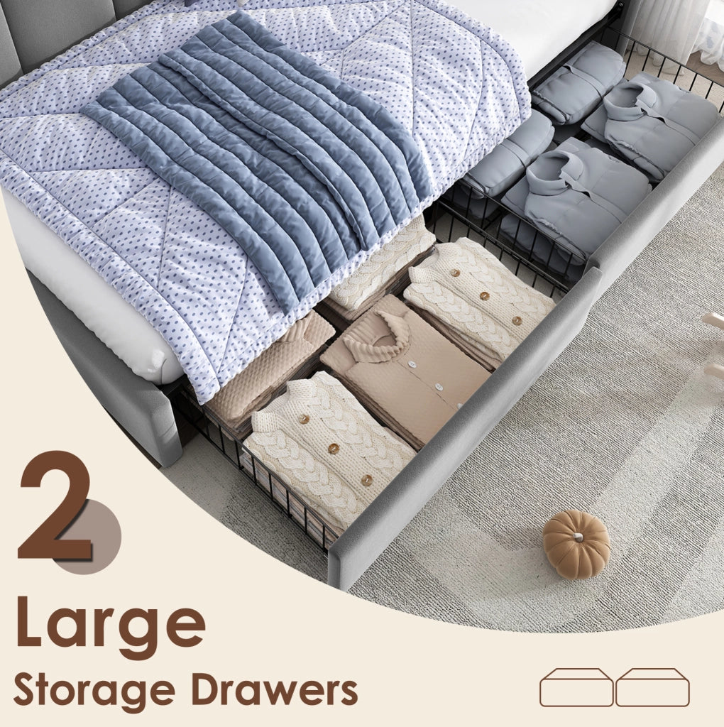 Letto imbottito con 2 cassetti, struttura L e rivestimento in velluto grigio 90x190 cm