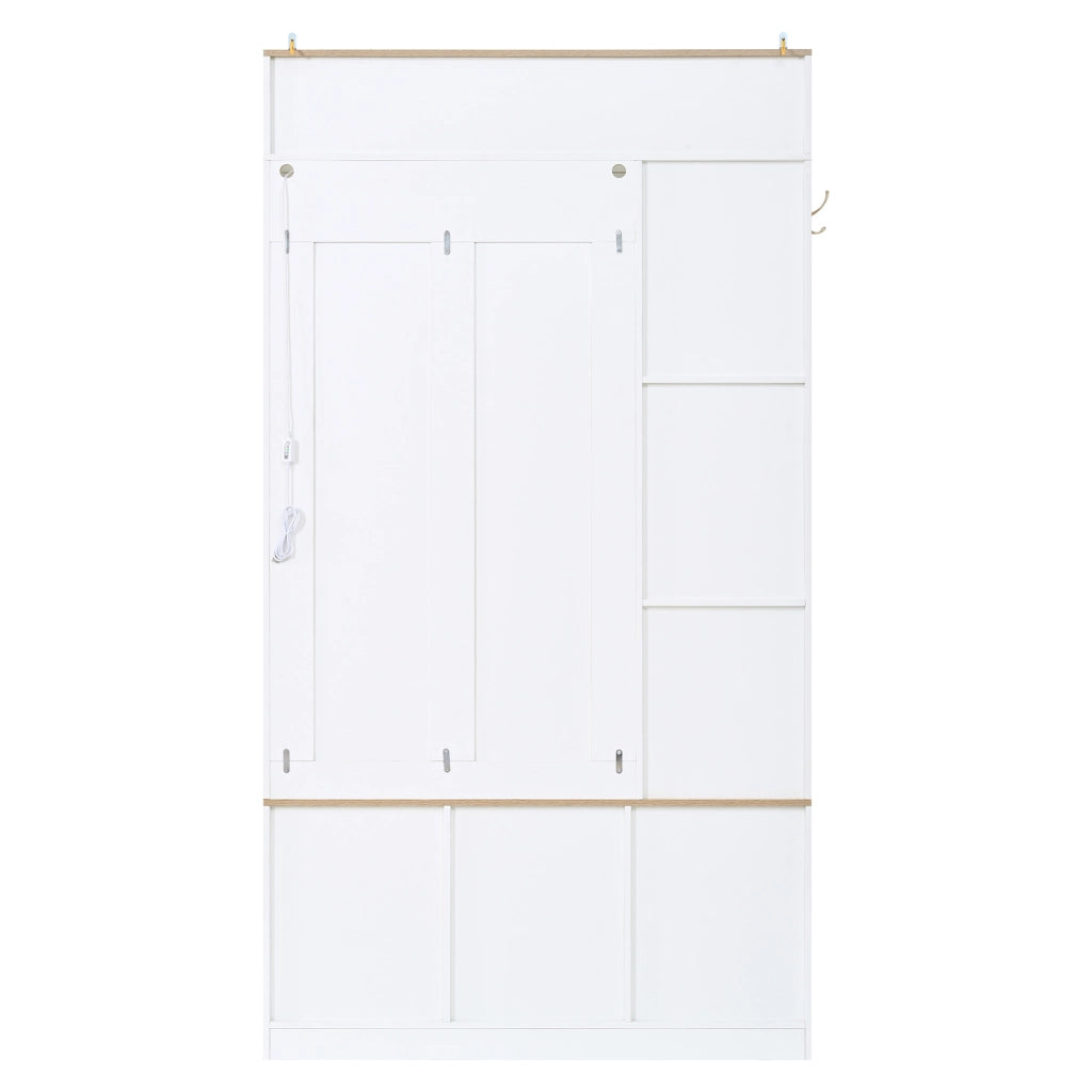 Mobile da ingresso guardaroba con 2 cassetti, 2 scarpiere a ribalta, panca e LED per corridoio, 100 × 32 × 186 cm