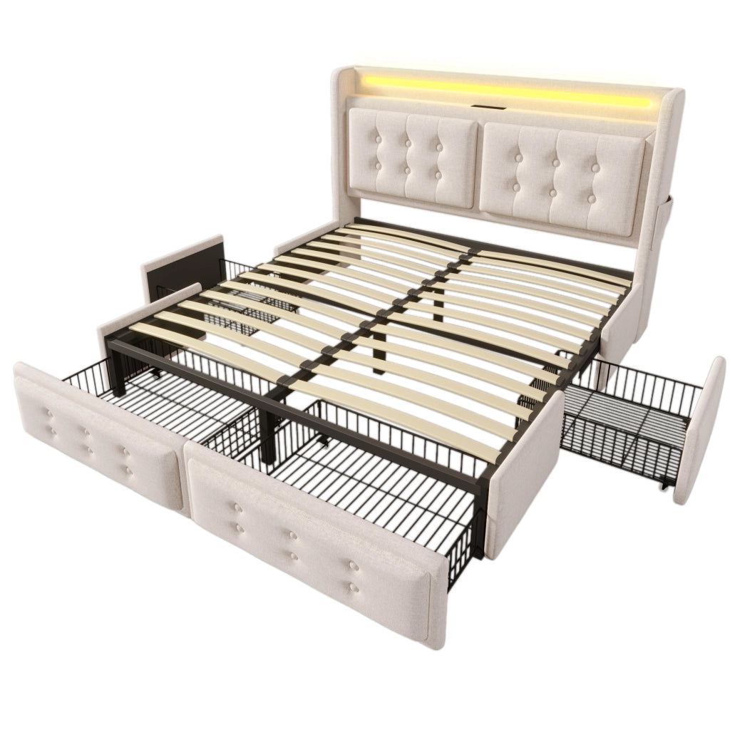 Letto matrimoniale 140x200 cm in cotone beige con LED, USB-C e 4 cassetti