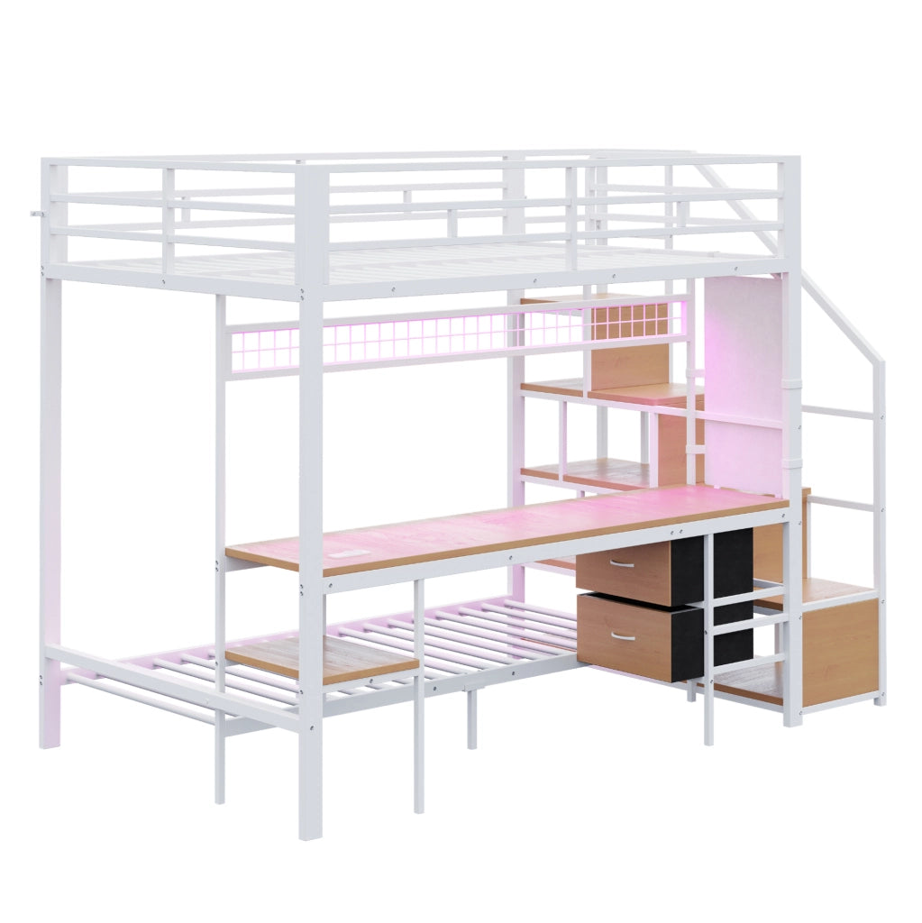 Letto a Castello Alto in Metallo con Scrivania Multifunzionale, LED, Prese Elettriche, Ripiani e Cassetti in Tessuto - Letto Superiore 140x200 cm, Inferiore 90x200 cm, Bianco