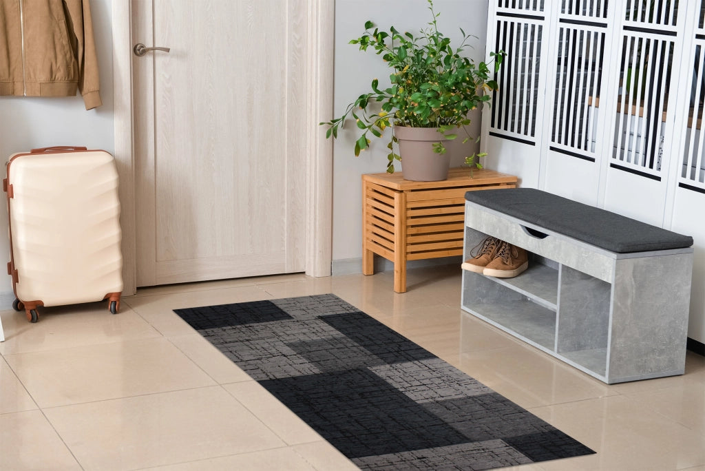 Tappeto Arredo Moderno Morbido in Ciniglia Ingresso Antiscivolo Prodotto Italiano  Soggiorno Camera Salotto Disegni Piazzati Cotone Varie Misure Grande Mondrian/Antracite - 65x300 cm