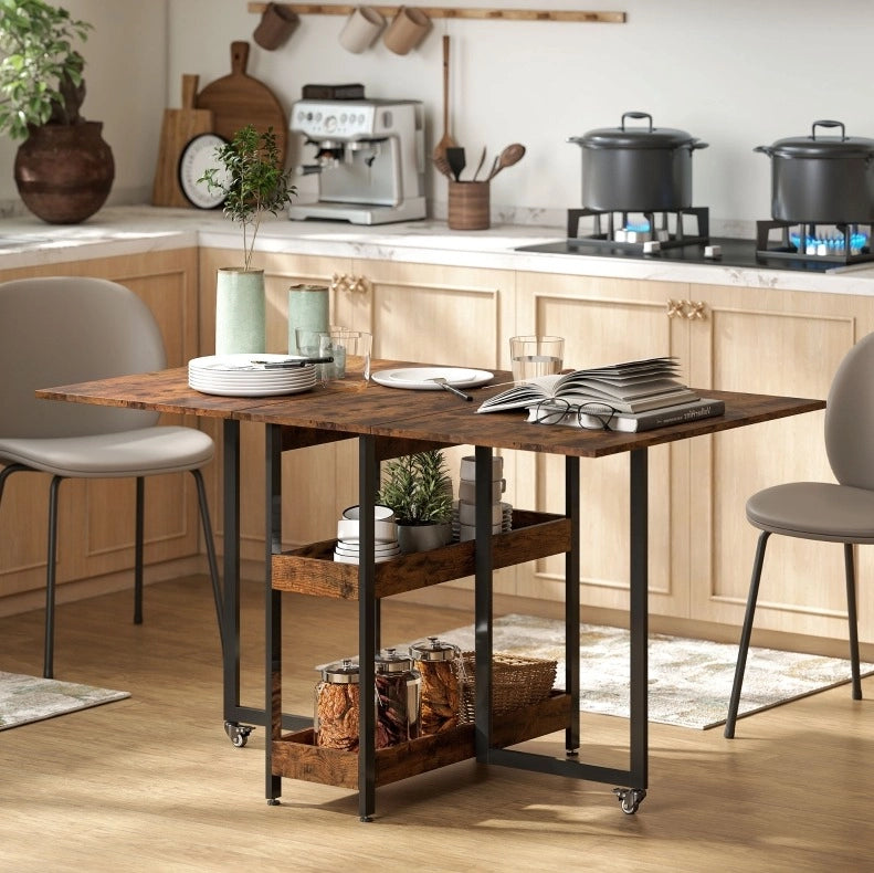 Tavolo da pranzo pieghevole rustico in melaminico 133,4x80x75 cm con 2 ripiani aperti, per 2-4 persone