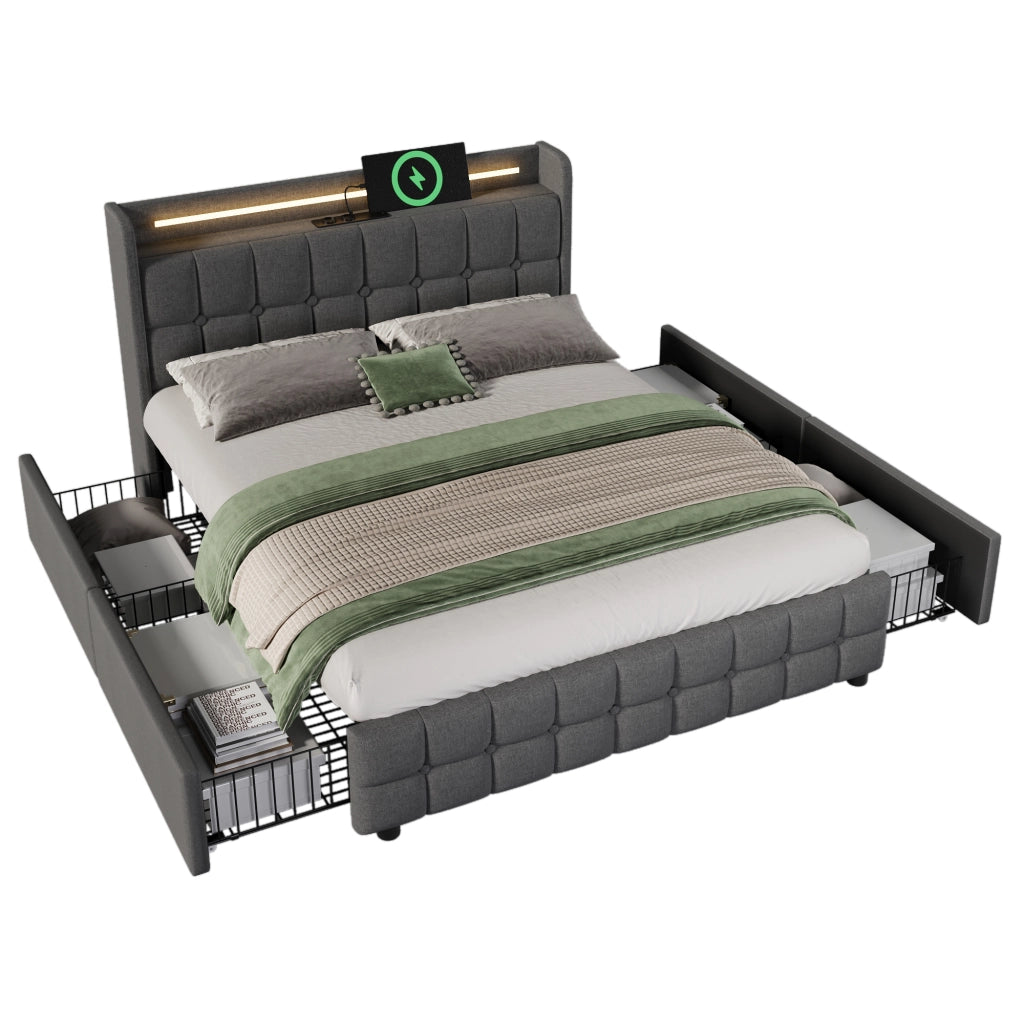 Letto matrimoniale imbottito 160x200 cm con testiera con ricarica USB e LED, 4 cassetti, contenitore, rete a doghe in legno - Grigio (Senza materasso)