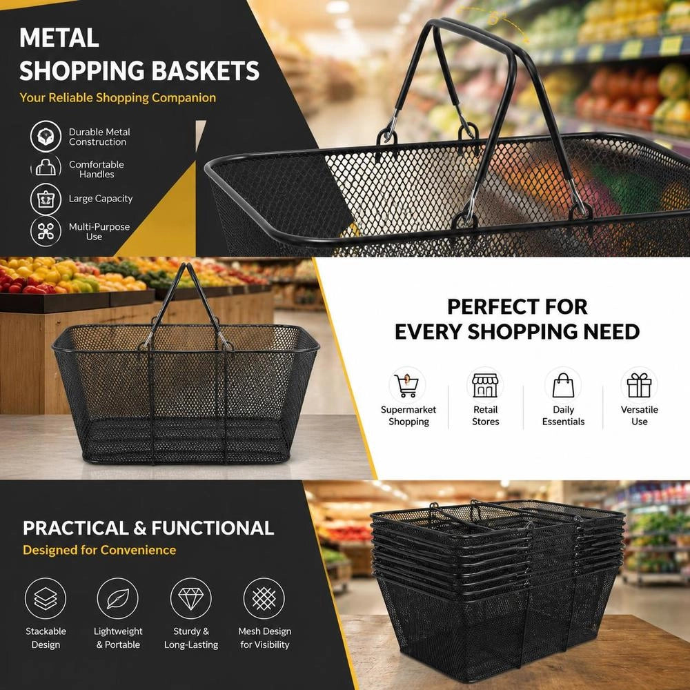 Shopping Baskets With Handles, 12 Pieces, Black Metal Shopping Basket, Portable Wire Shopping Basket, Black Wire Mesh Shopping Basket Set For Supermarkets, Retail Stores, Grocery Shopping, Black