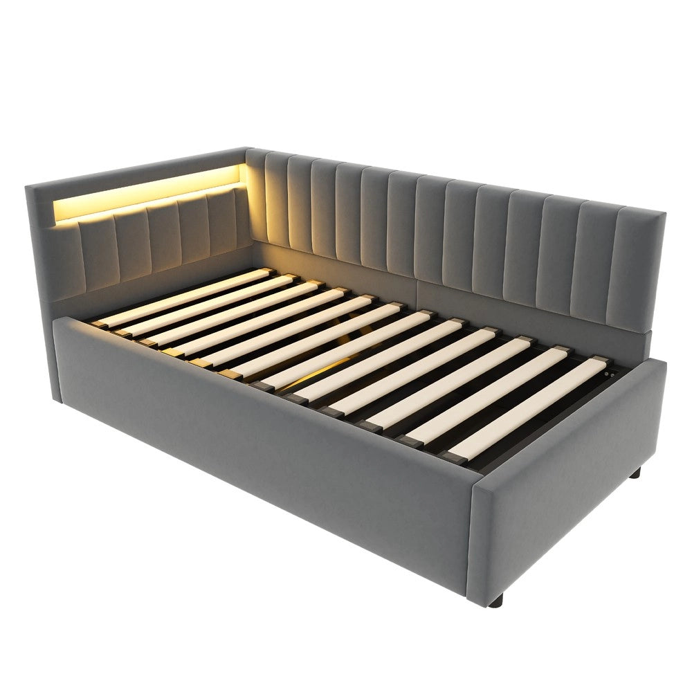 Letto Imbottito Contenitore con LED ¨C Xylo ¨C Velluto Grigio, Testiera, Rete a Doghe, 90x200
