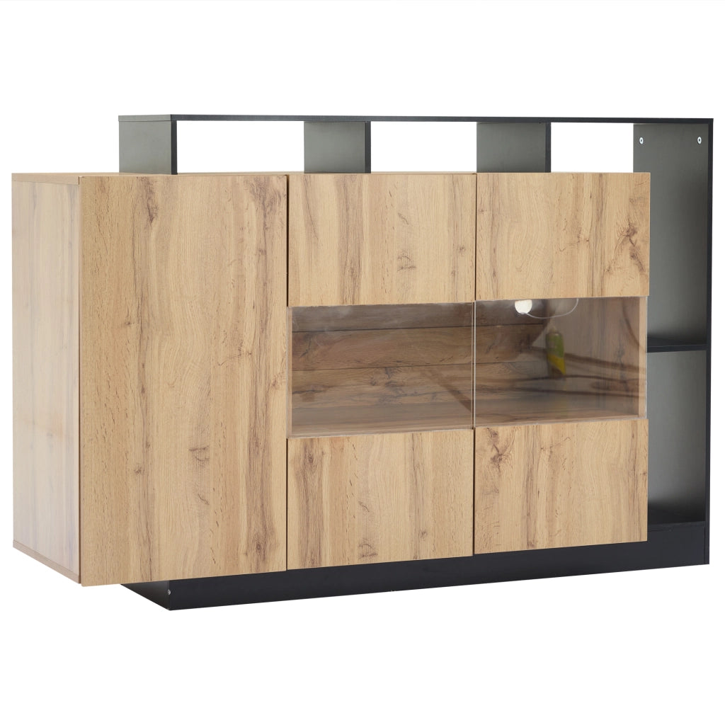Credenza LED 140x44x94 cm in MDF effetto legno con controllo Bluetooth; ante in acrilico e vani