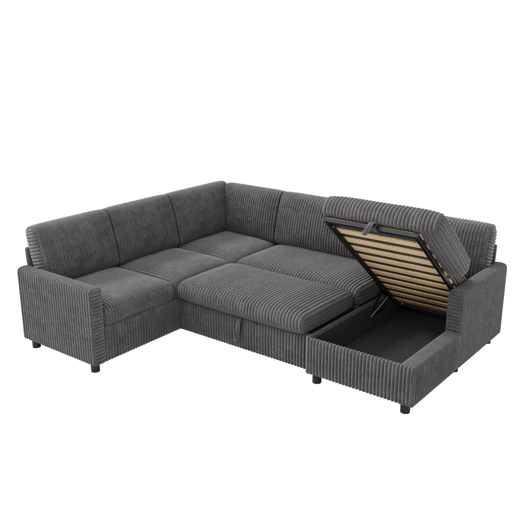 Divano panoramico a U con funzione letto estraibile e vano contenitore, in velluto a coste grigio, 274 × 220 × 85 cm