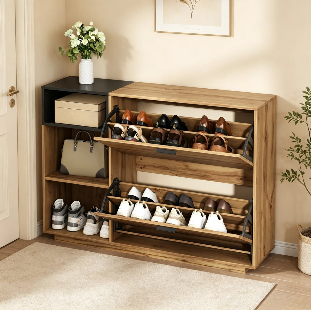 Scarpiera in MDF con 3 vani aperti e 2 scomparti a ribalta; 120 ¡Á 32 ¡Á 84;5 cm; naturale e nero