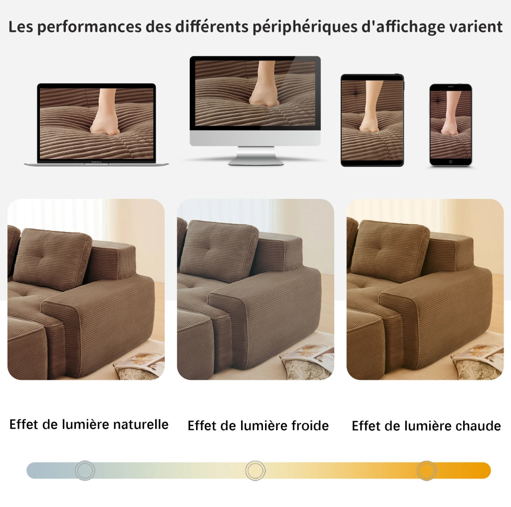 Divano angolare modulare in morbido tessuto a coste con funzione letto e 3 pouf, 3 posti, colore marrone