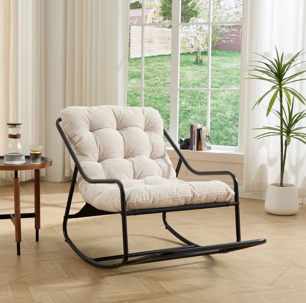 Sedia a Dondolo da Esterno in Acciaio con Cuscino Spesso Bianco, Telaio Nero, 75x116x82 cm