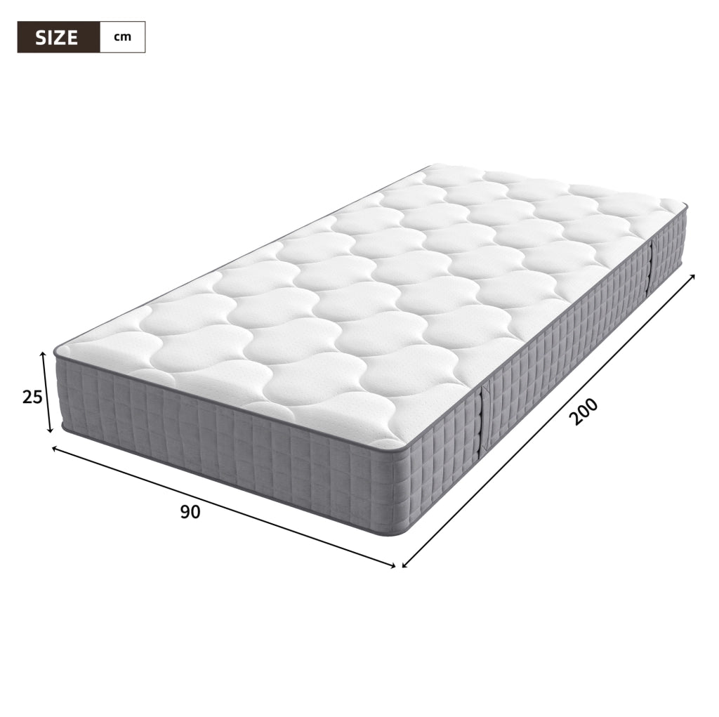 Materasso a molle insacchettate 90x200 cm, 25 cm di spessore, 7 zone di sostegno, durezza H3, colore bianco