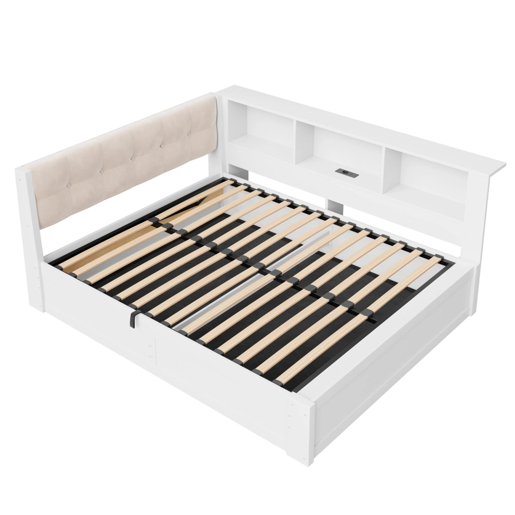 Letto singolo 90x200 con contenitore idraulico; LED multicolore; prese USB e USB C; lino e MDF; beige