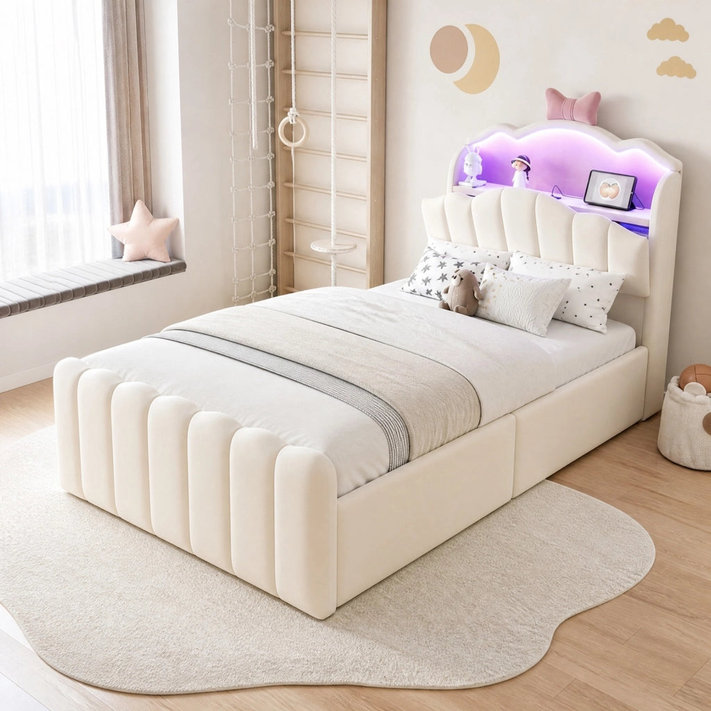 Letto per bambini imbottito 90x200 cm con contenitore idraulico, LED, USB e USB-C, beige
